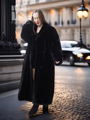 Black beaver fur long coat with V-neck, button front, and loose draped sleeves