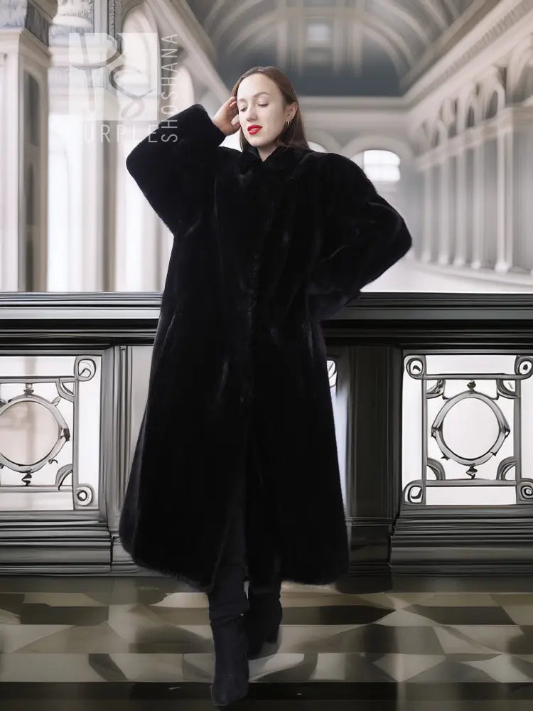 Black sheared beaver fur coat with stand collar, long open front; full-body view.