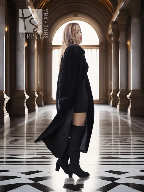 Black sheared beaver fur coat with stand collar; side profile, long flared hem.