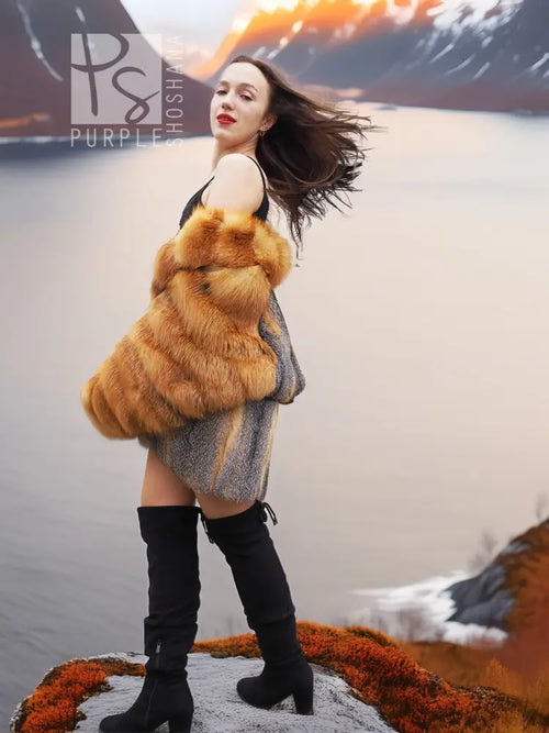Fur coat with gray patterned body and orange fox fur collar, side profile