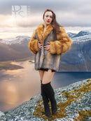 Fur coat with gray body and orange fox fur collar and cuffs, standing front view