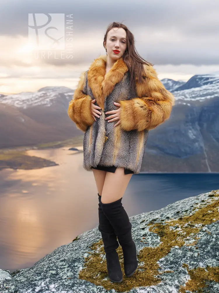 Fur coat with gray body and orange fox fur collar and cuffs, standing front view