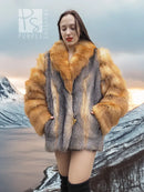 Fur coat with gray body and golden fur collar, open front