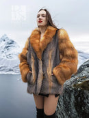 Fur coat with gray body and orange fox fur collar, three-quarter view