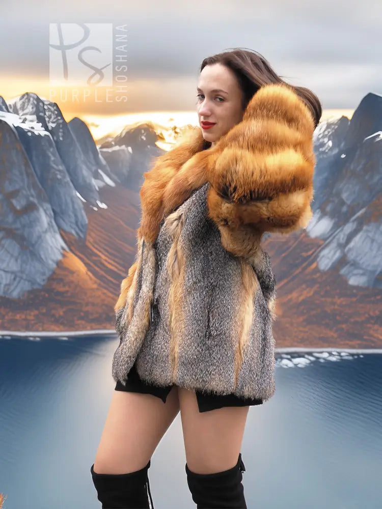 Fur coat with gray body and orange fox fur collar, close-up from side