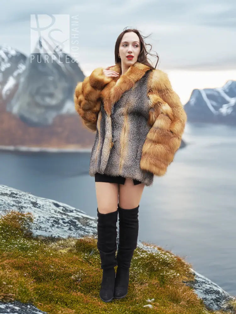 Fur coat with gray body and orange fox fur collar and cuffs, front view