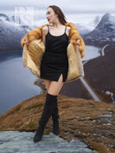 Two-tone fur coat with golden fox fur trim and gray fur, layered over a black slip dress