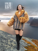 Fur coat with gray body and orange fox fur collar, full body standing view