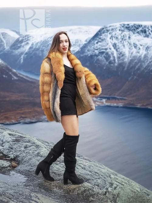 Two-tone fur coat with golden fox-style sleeves and gray fur front over a black dress