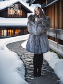 Gray fur coat with broad collar, long sleeves, button-front, midi length