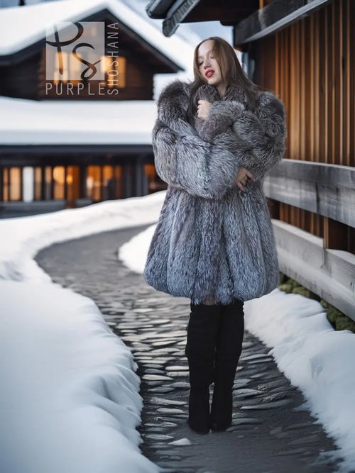 Gray fur coat with broad collar, long sleeves, button-front, midi length