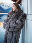 Gray fur coat with large collar and long sleeves, button-front, full-length view