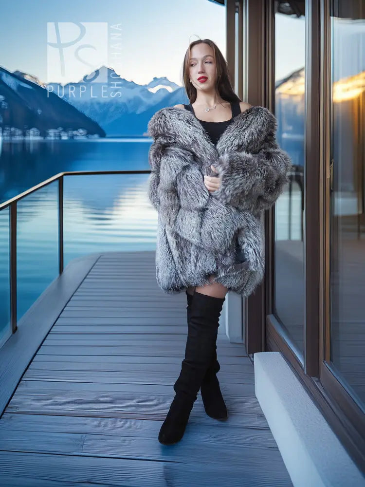 Gray fox fur coat with wide collar, long sleeves, and open front