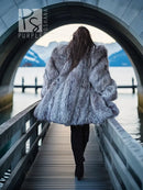 Platinum fox fur coat, silver-gray, hoodless style with full sleeves and wide silhouette