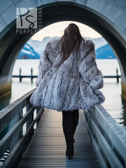 Platinum fox fur coat, silver-gray, hoodless style with full sleeves and wide silhouette