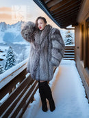 Gray fur coat with voluminous sleeves and wide collar, long sleeves, midi length