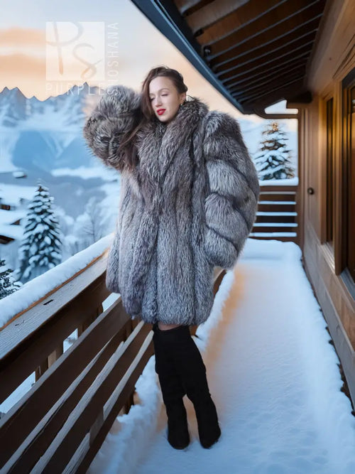 Gray fur coat with voluminous sleeves and wide collar, long sleeves, midi length