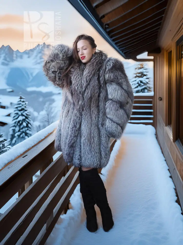 Gray fur coat with voluminous sleeves and wide collar, long sleeves, midi length