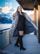 Platinum fox fur coat, silver-gray, open front with long sleeves and flared hem