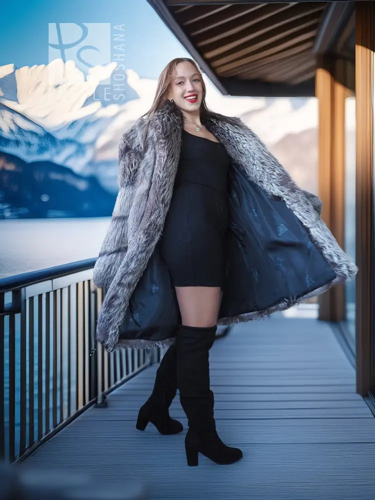 Platinum fox fur coat, silver-gray, open front with long sleeves and flared hem