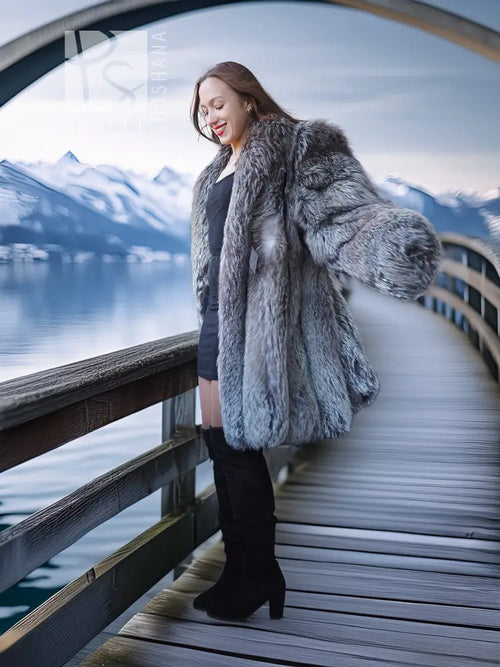 Platinum fox fur coat, silver-gray, side view with textured sleeves and open front