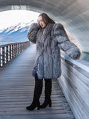 Platinum fox fur coat, silver-gray, knee-length flared hem with open front and cuffs
