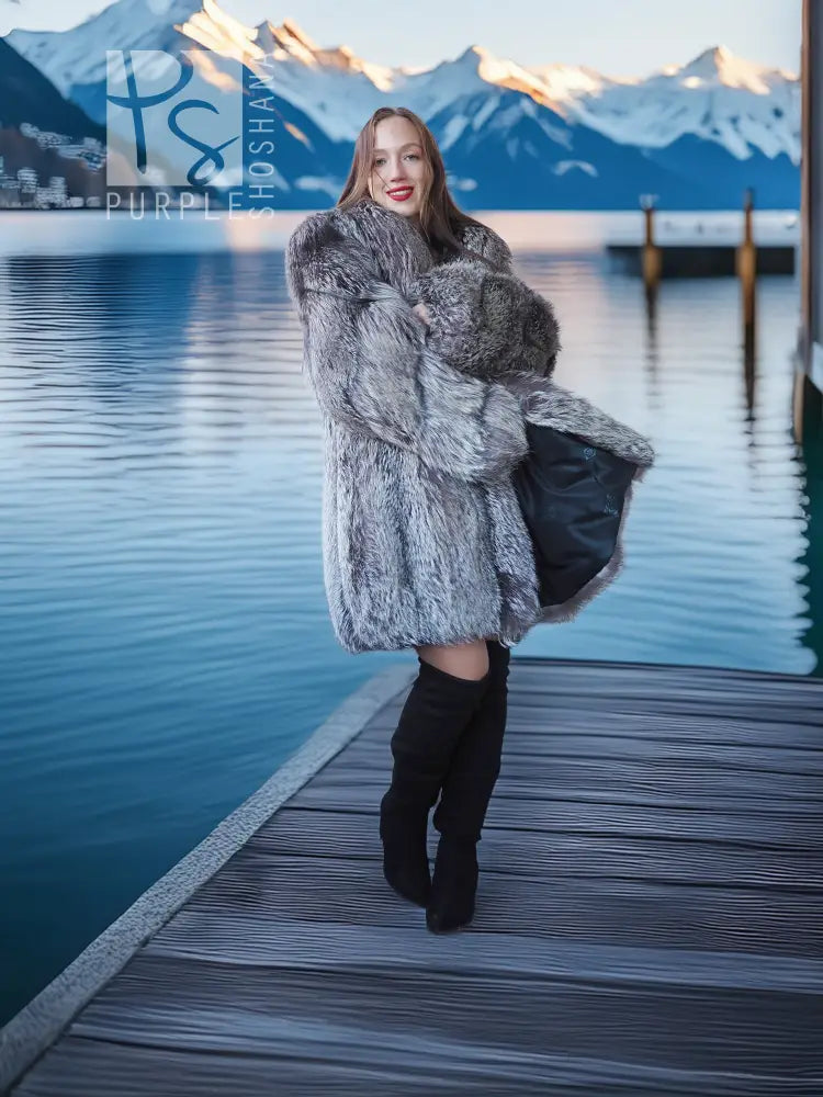 Platinum fox fur coat in gray with full sleeves and plush collar.
