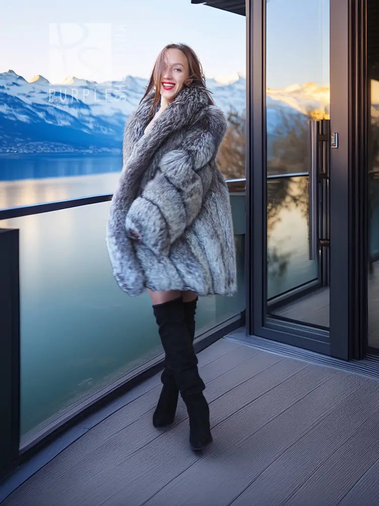 Gray fur coat with wide collar, long sleeves, midi length, full-length side view