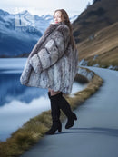Platinum fox fur coat, silver-gray, back-angled look with wide sleeves and short-length hem