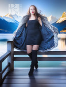 Platinum fox fur coat, open front, wide fur collar and long sleeves.