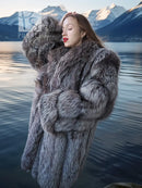 Gray fur coat with oversized collar and textured fur, long sleeves, front view