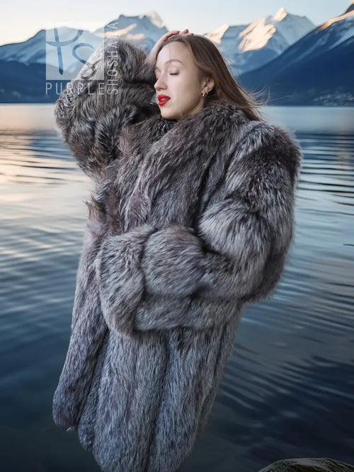 Gray fur coat with oversized collar and textured fur, long sleeves, front view