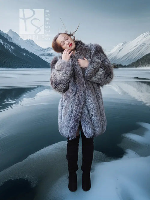 Platinum fox fur coat in gray with high plush collar, long sleeves.