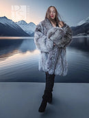 Gray fur coat with wide collar, long sleeves, midi length, front tie detail