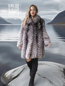 Silver fox faux fur hooded coat, relaxed fit with textured gray panels, full length.