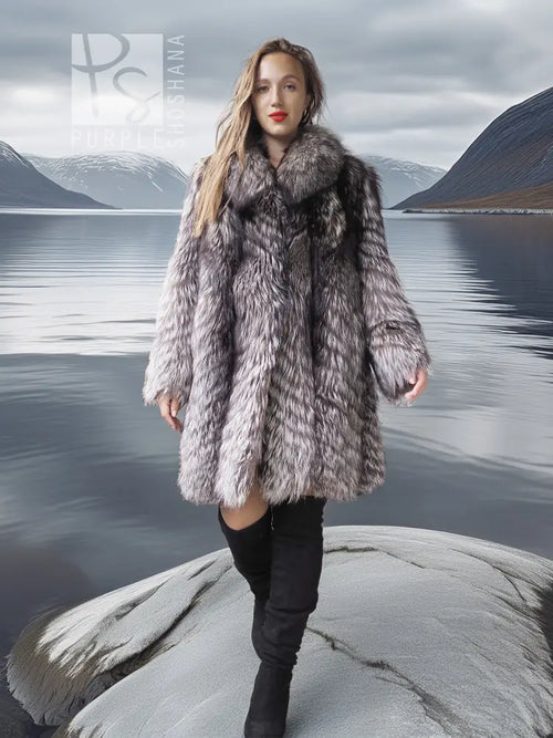 Silver fox faux fur hooded coat, relaxed fit with textured gray panels, full length.