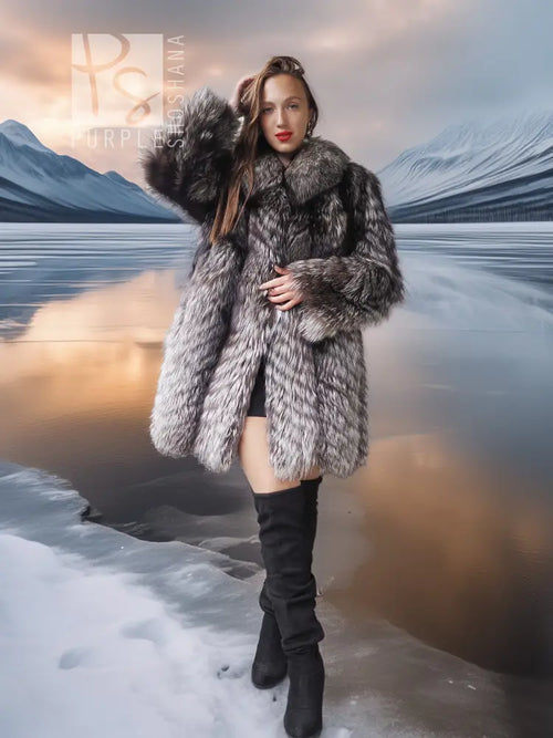 Silver fox faux fur hooded coat with wide collar and long sleeves, front view.
