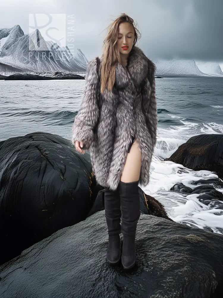 Gray and silver fur hooded coat, long sleeves, worn over dark knee-high boots