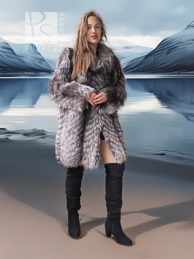 Silver fox faux fur hooded coat, open style with plush texture and wide collar.