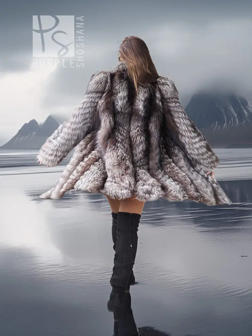 Silver fox fur flare coat, back view with full skirt flare and long sleeves