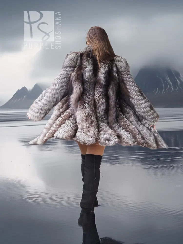 Silver fox fur flare coat, back view with full skirt flare and long sleeves