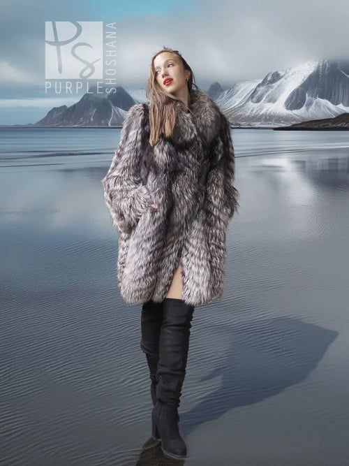 Gray and silver fur hooded coat with roomy shoulders and flared sleeves