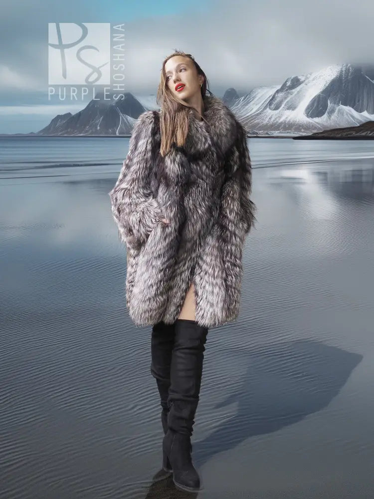 Gray and silver fur hooded coat with roomy shoulders and flared sleeves