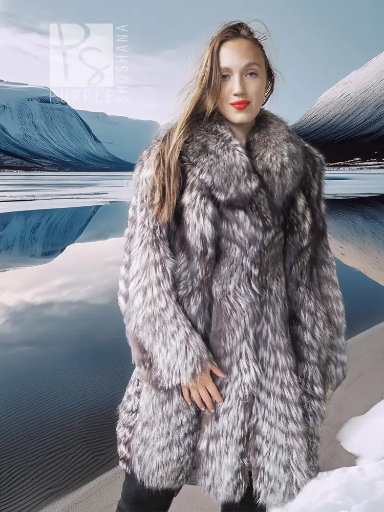 Gray and silver fur hooded coat with open front, long sleeves, knee-length look