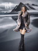 Gray and silver fur hooded coat with open front, long sleeves, flared hem