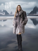 Silver fox faux fur hooded coat, mid-thigh length, standing pose.