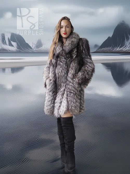 Silver fox faux fur hooded coat, mid-thigh length, standing pose.