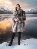 Silver fox faux fur hooded coat with long sleeves and textured gray pile, front view.
