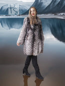 Silver fox fur flare coat with long sleeves, open front, and knee-length hem