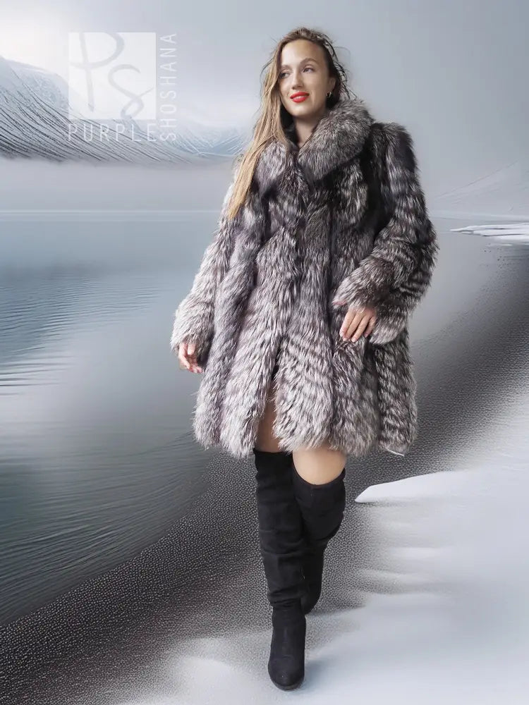 Silver fox fur flare coat front view with open front and structured shoulders